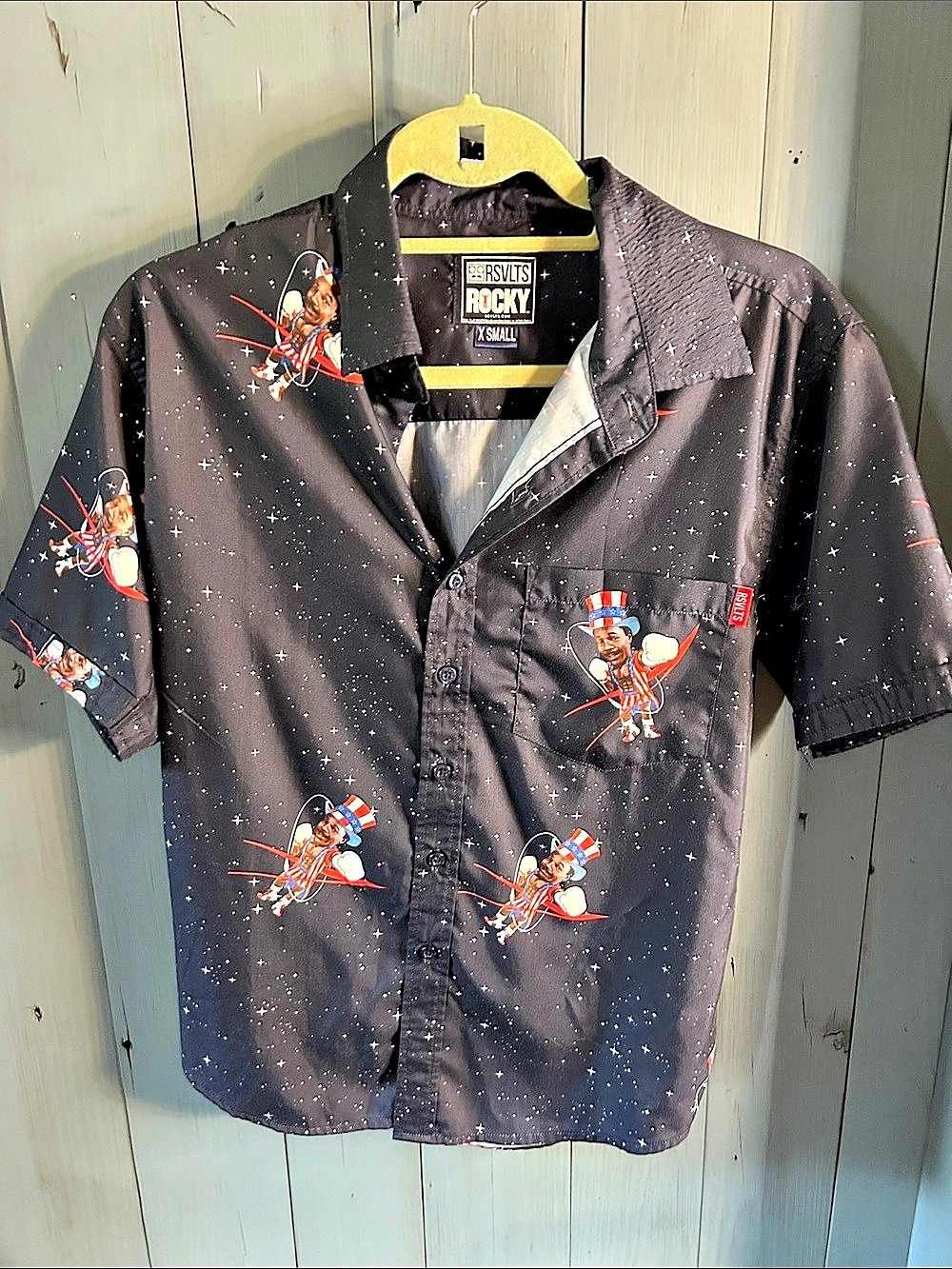 RSVLTS ROCKY Apollo Creed Graphic Button-Up Short Sleeve Black & Blue | Men’s XS